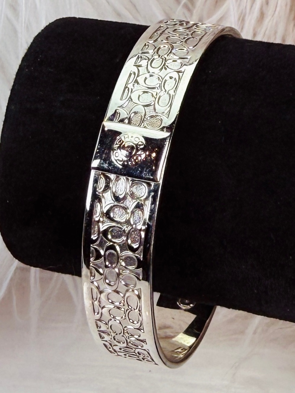 Silvertone COACH Signature Patterned Bangle Bracelet